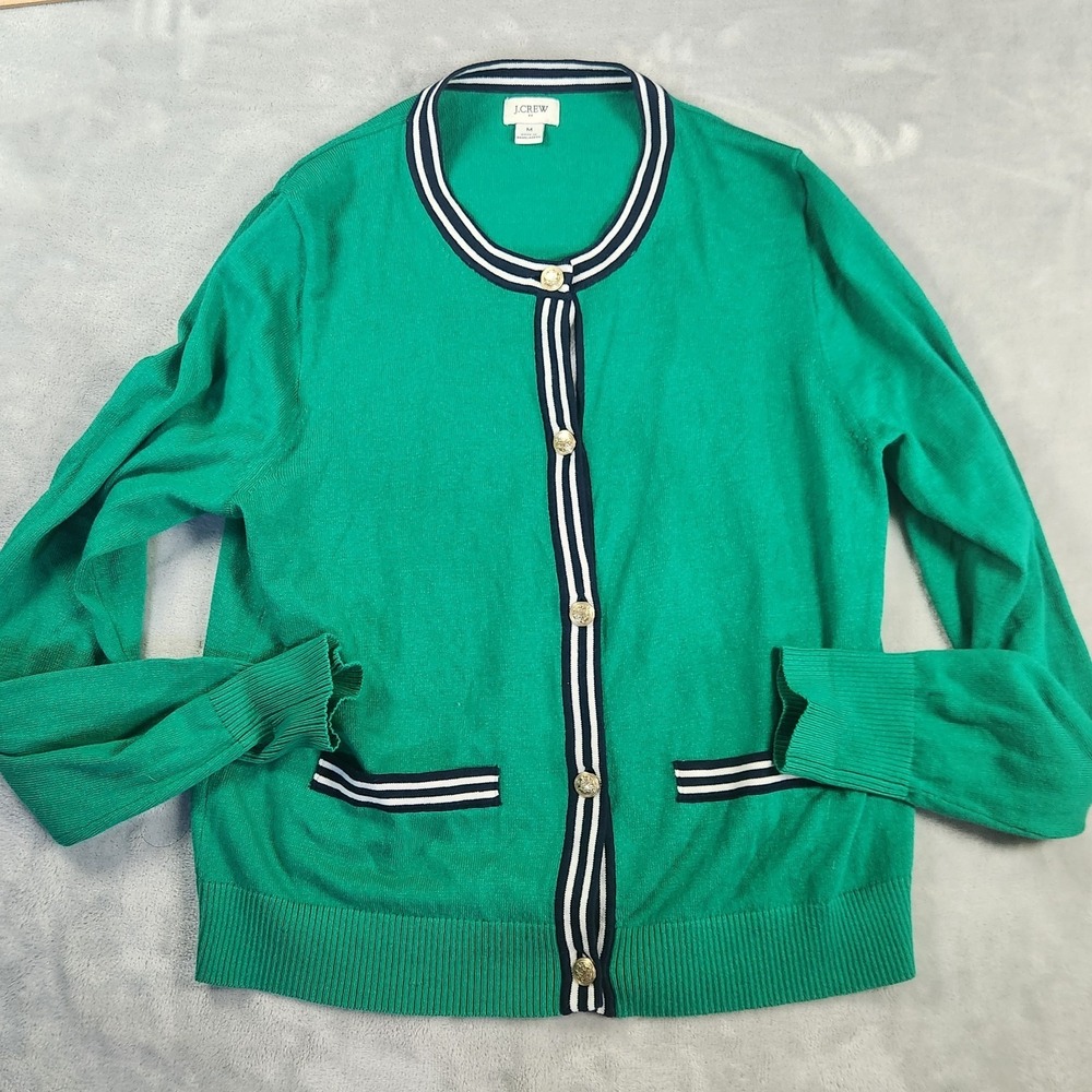 J Crew Cardigan Size M Green Navy White Trim Gold Buttons Nautical Preppy